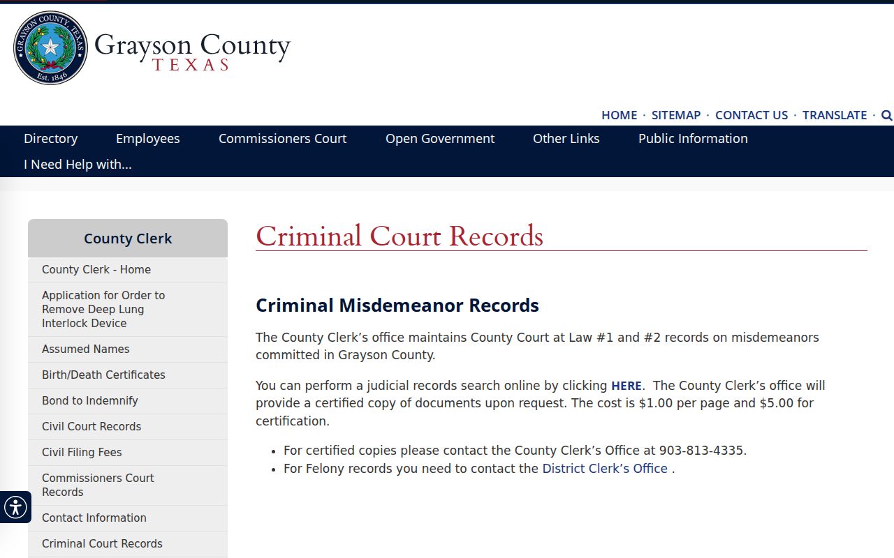 Grayson County Clerk criminal records page explaining misdemeanor files and felony routing