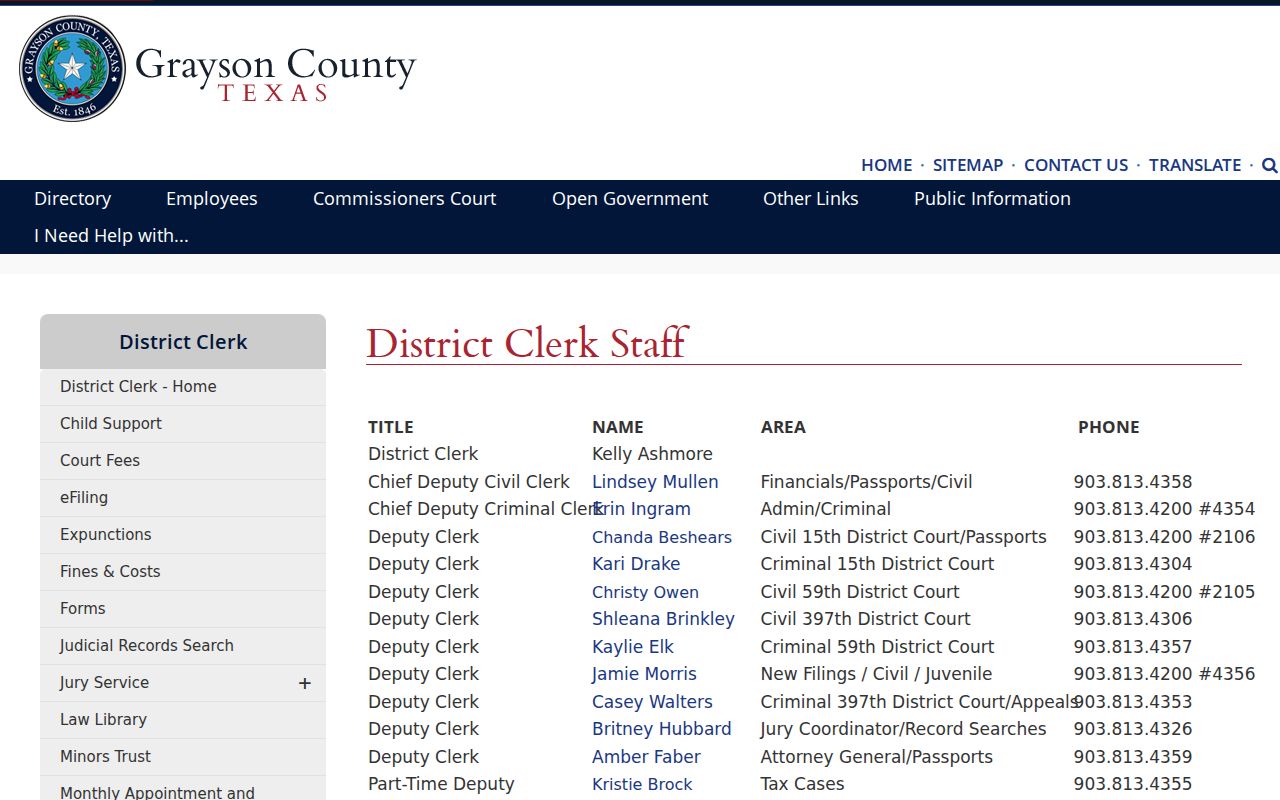 Grayson County District Clerk criminal staff routing information