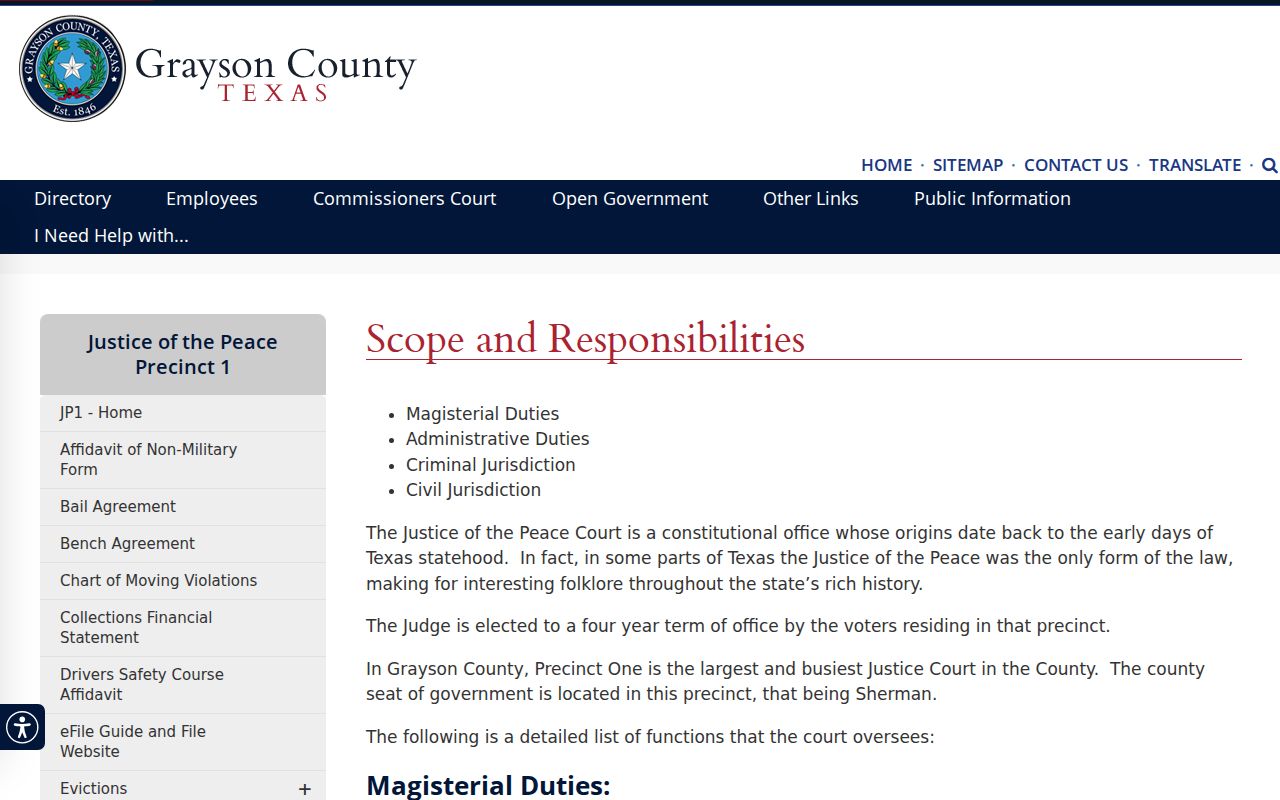 Grayson County JP1 duties page describing magistrate, FTA, and capias work