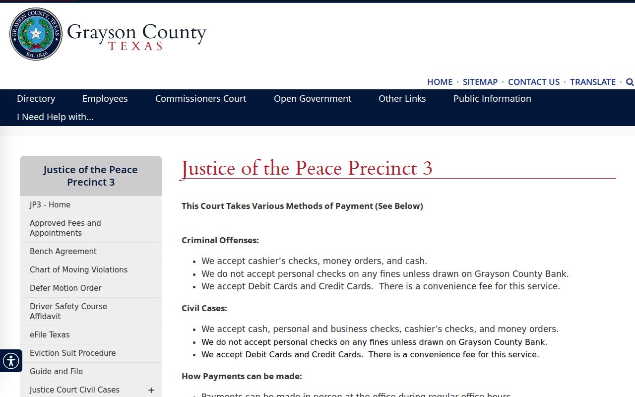 Grayson County JP3 payment page for county traffic and Class C cases