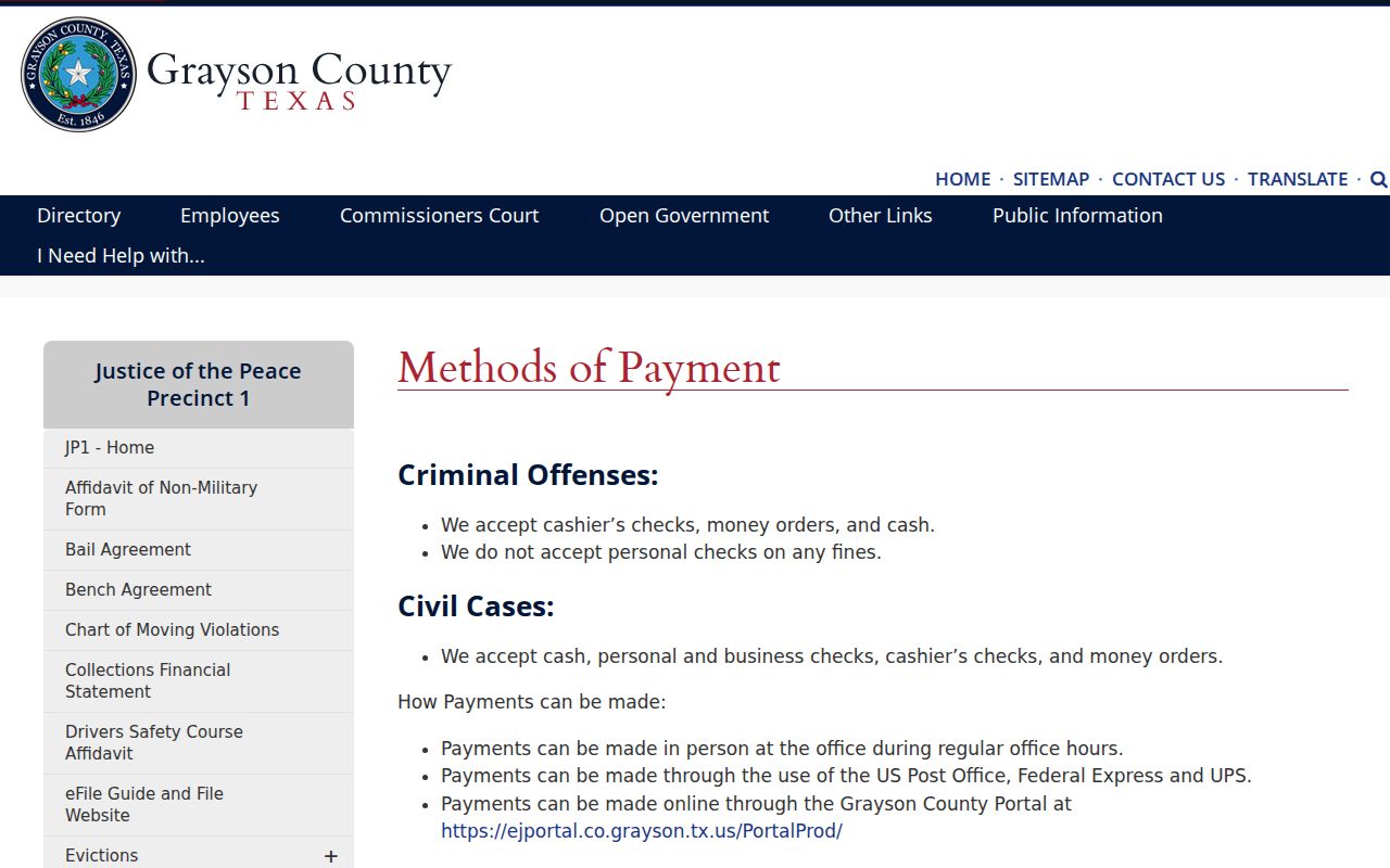 Grayson County JP1 payment instructions describing warrant recall after posting