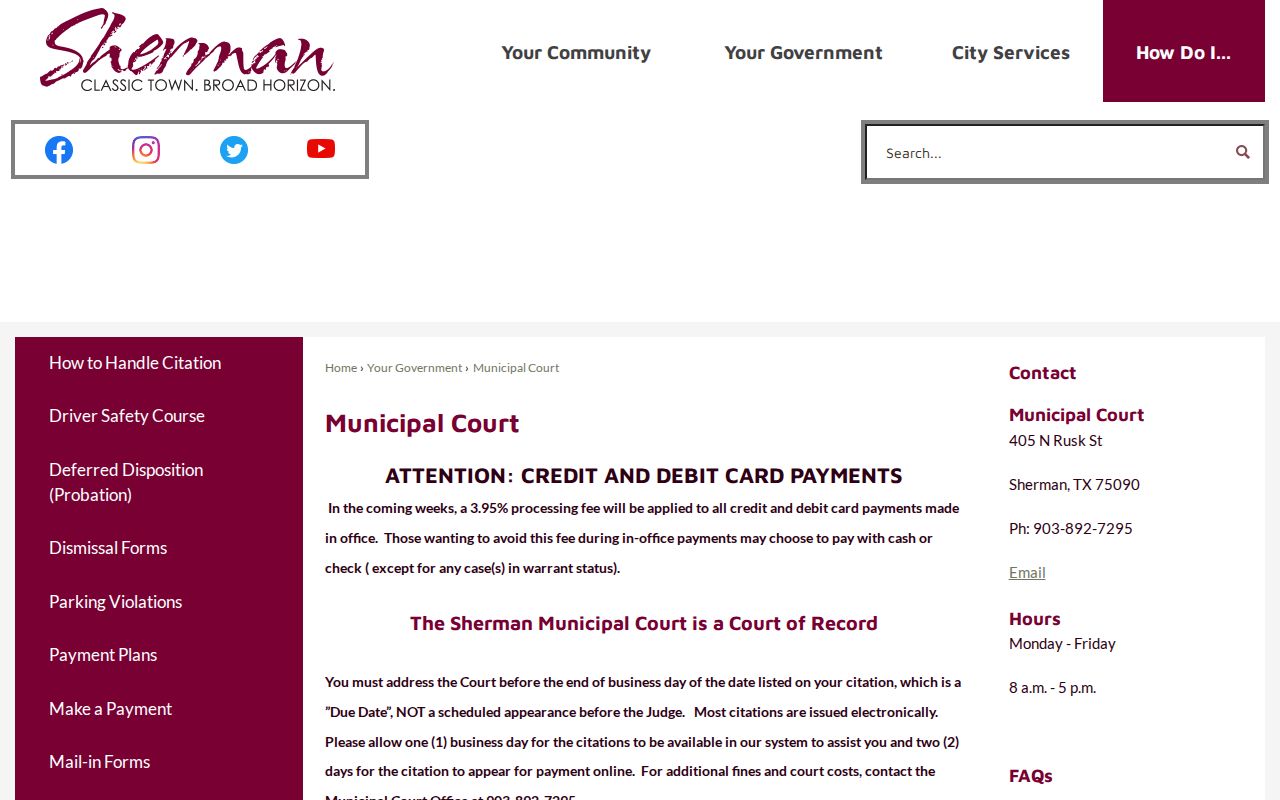 Sherman Municipal Court page with its address, hours, and citation due-date notice