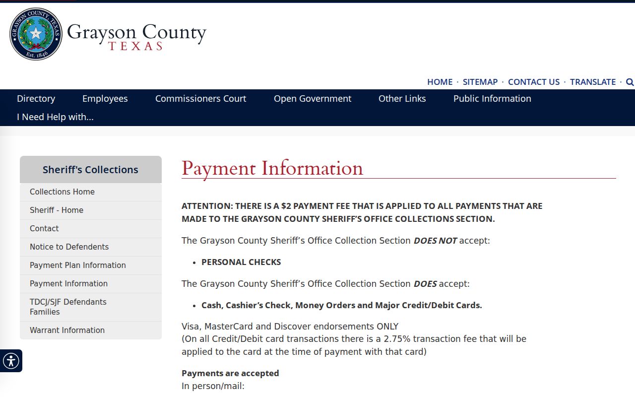 Grayson County Collections payment page with payment methods and case-search choices