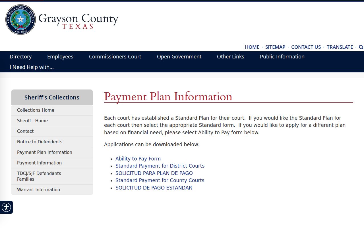 Grayson County Collections page linking standard and ability-to-pay forms