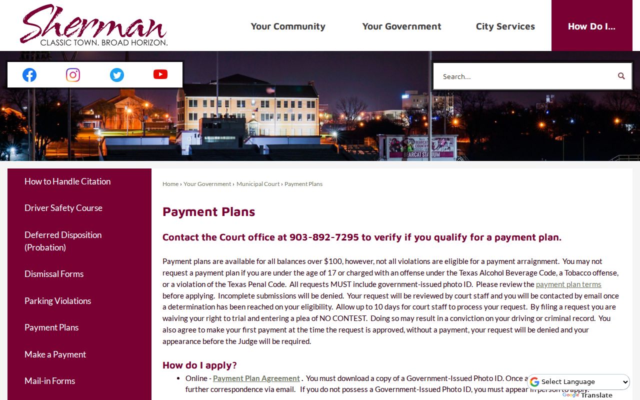 Sherman Municipal Court payment plan application with identity requirements