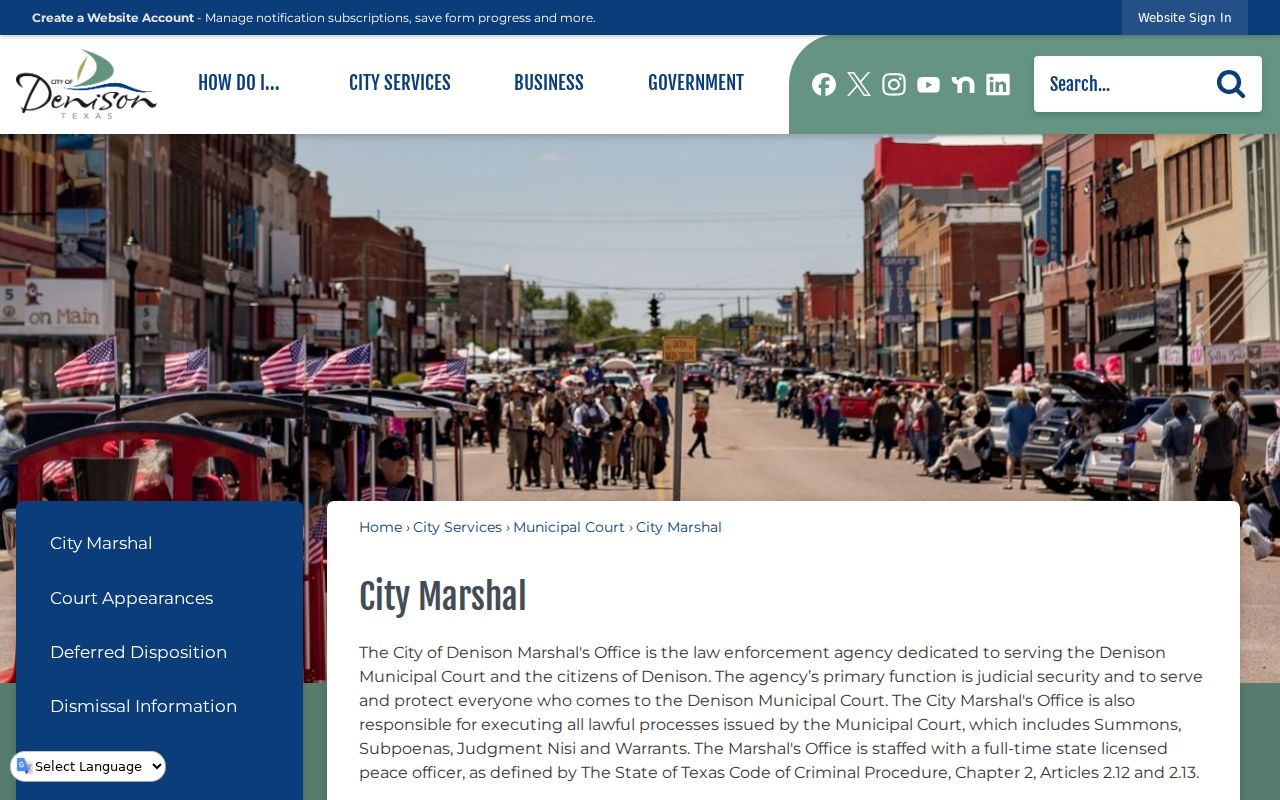 Denison City Marshal page describing court security and municipal warrant service