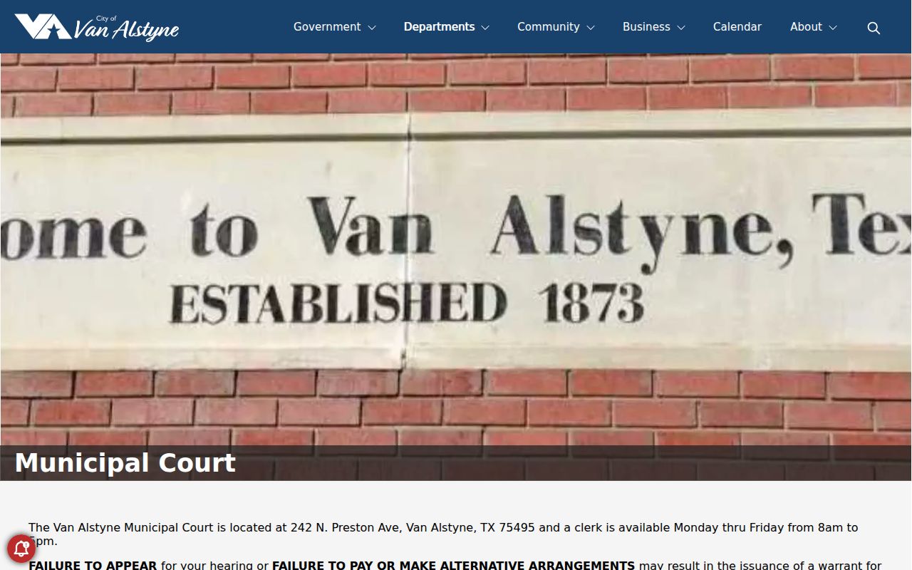 Van Alstyne city page with municipal court contact information