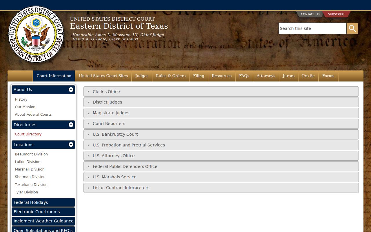 Official directory image showing federal courthouse information for the Sherman Division