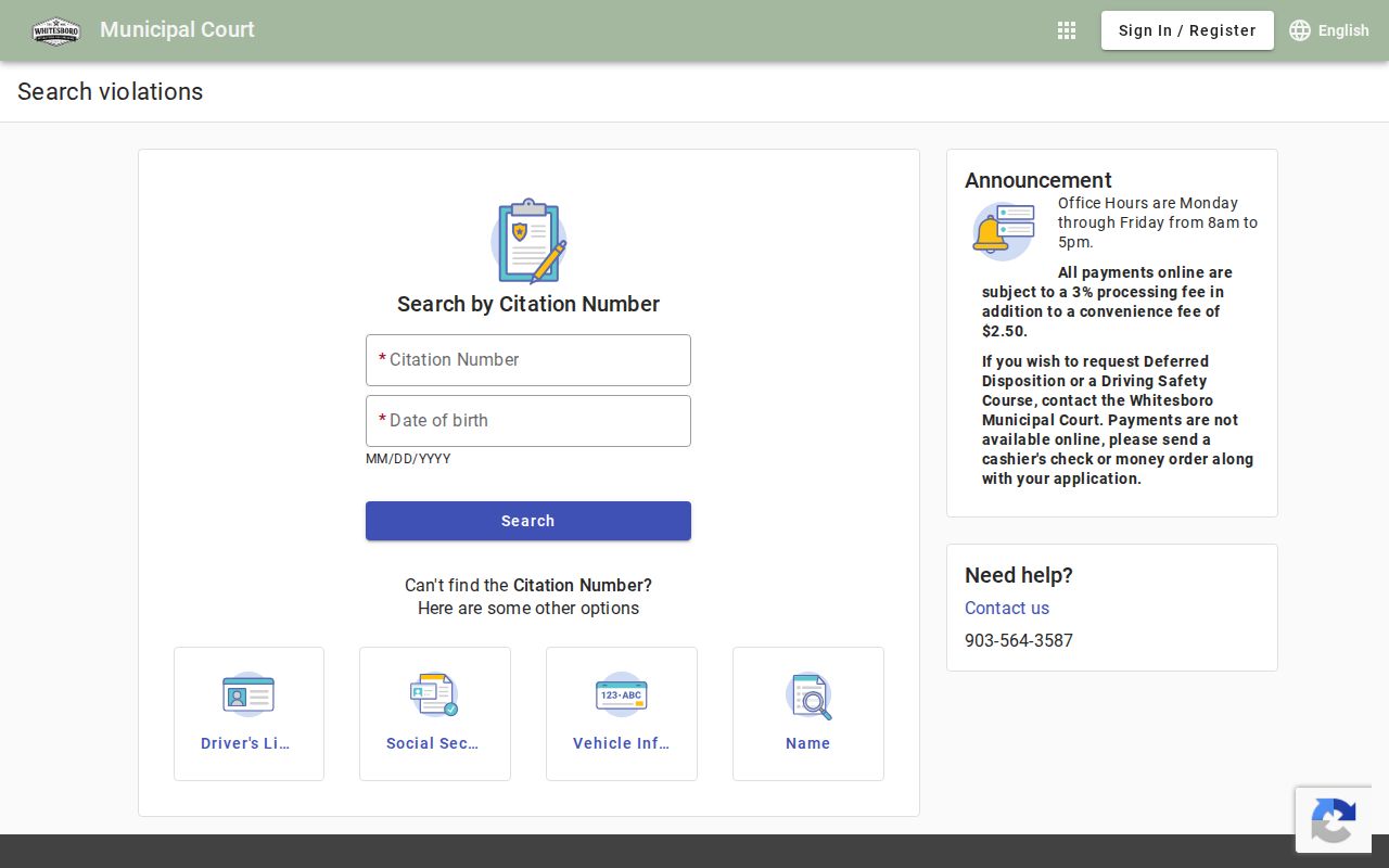 Whitesboro municipal citation search with citation, license, vehicle, name, and business options