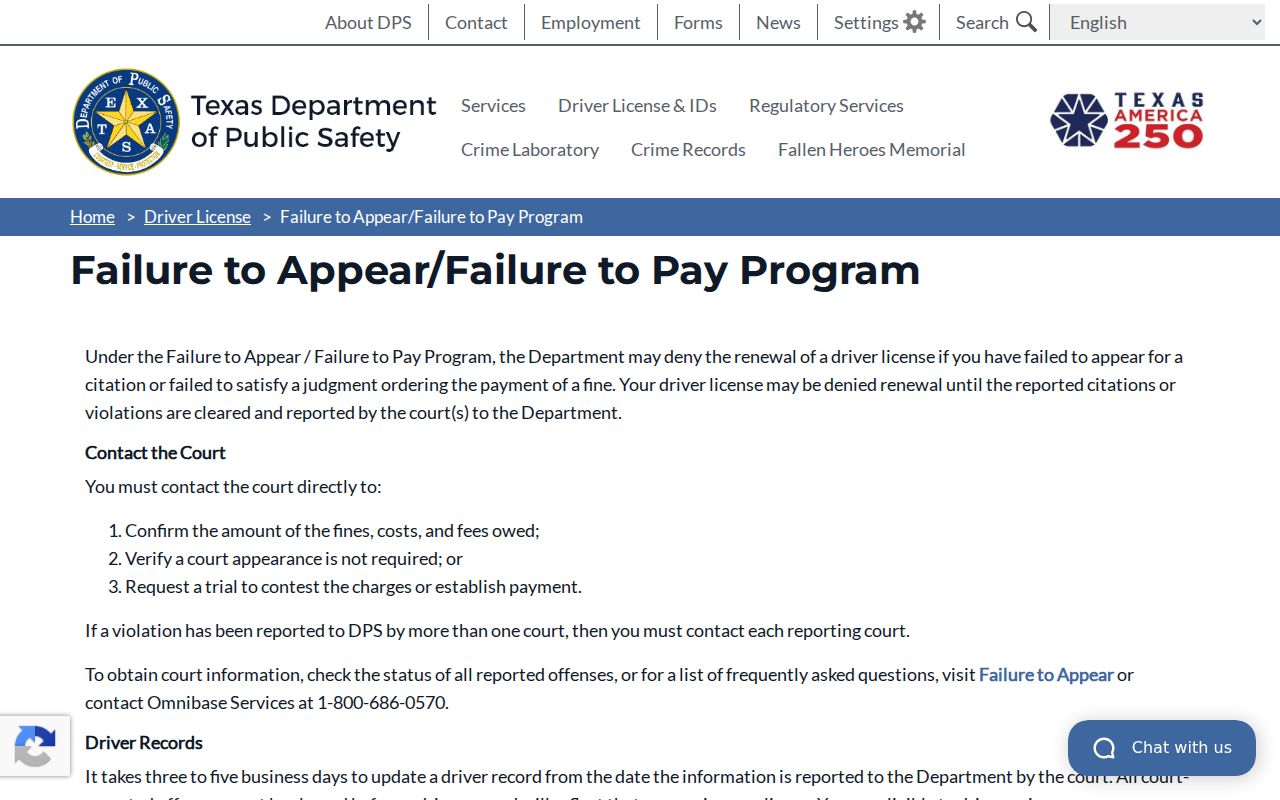 Texas DPS failure-to-appear and failure-to-pay program information