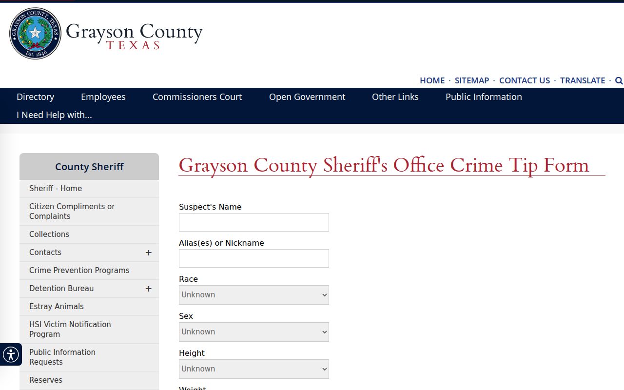 Blank Grayson County crime-tip form with no personal or case data entered
