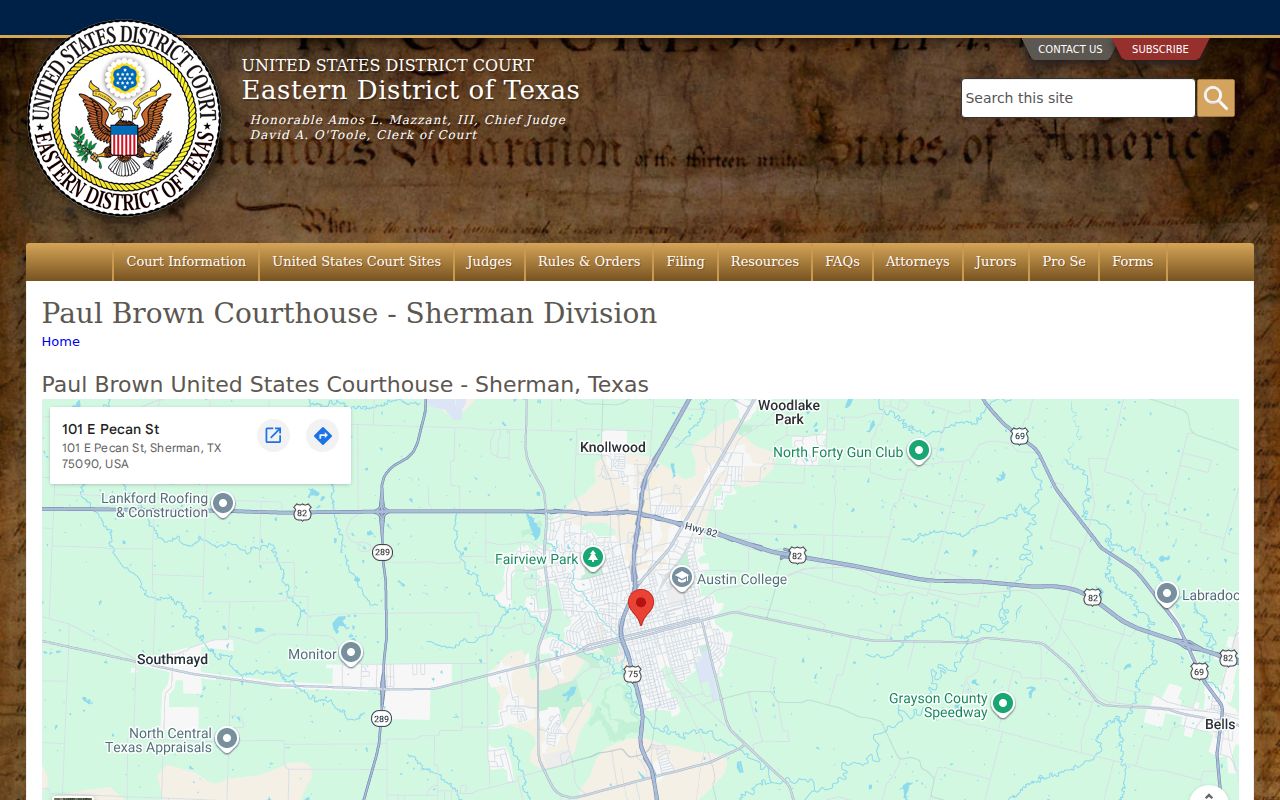 Sherman federal courthouse visitor page listing photo identification and security information