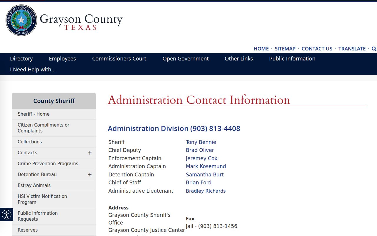 Grayson County Sheriff's directory listing the Civil Division and warrant contact