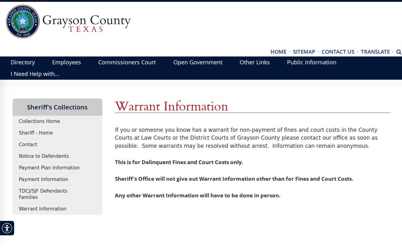 Grayson County official warrant information page describing its fines-and-costs scope