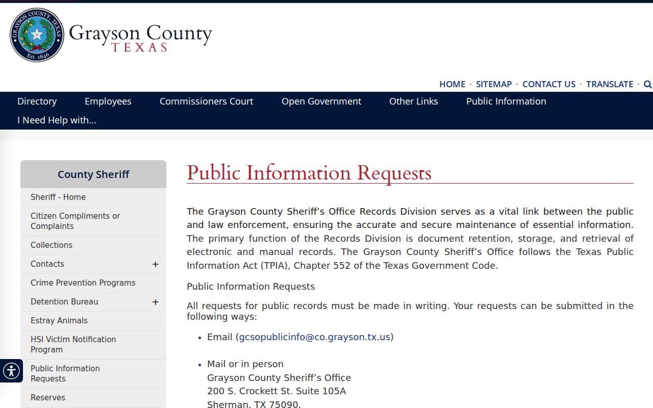 Grayson County Sheriff's Records Division public information request instructions